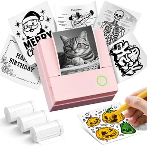 Sticker printer, portable mini printer, inkless Bluetooth sticker maker, comes with 3 rolls of paper, portable printer for notes, DIY, gifts, smart AI application, office/home printing device, pink