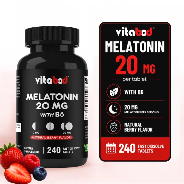 Melatonin 20mg Nutrition Supplement - 240 Fast Dissolve Tablets - Drug-Free Natural Berry Flavor - Vegetarian, GMO-Free - Supports Supplement Routine, Selfcare & Body Health