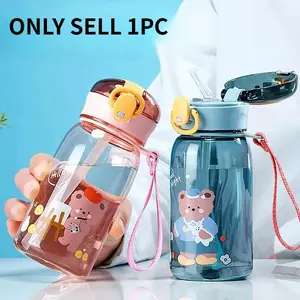 Cartoon Teddy Bear Kids Plastic Cup, Portable School Outdoor Use, with Strap, One-Click Open Lid, BPA-Free Straws for All Seasons, Leakproof Water Bottle, Drinkware, Reusable