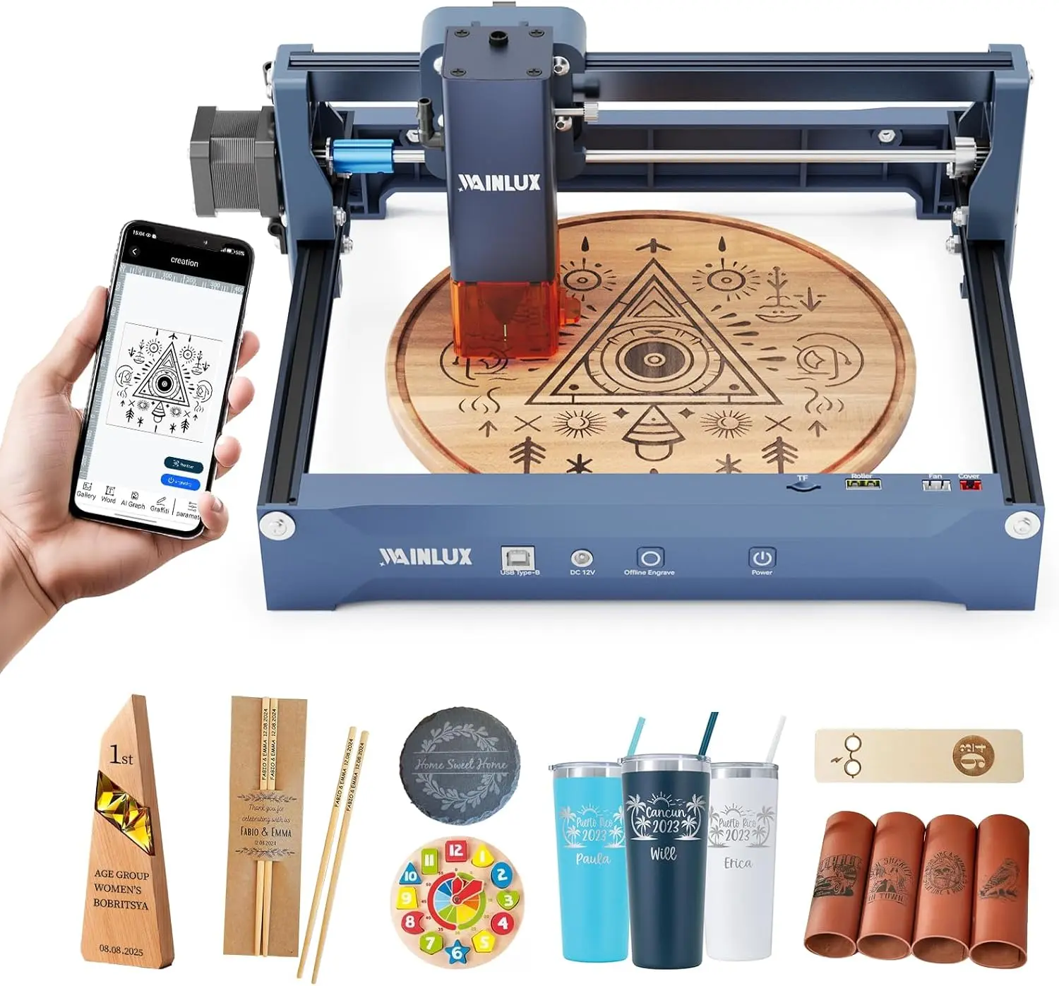 WAINLUX X2 5W Laser Engraver Hardware - Large 7.87in×5.9in Working Area, Easy Setup, Quick Use for DIY Projects, Custom Gifts, Small Business