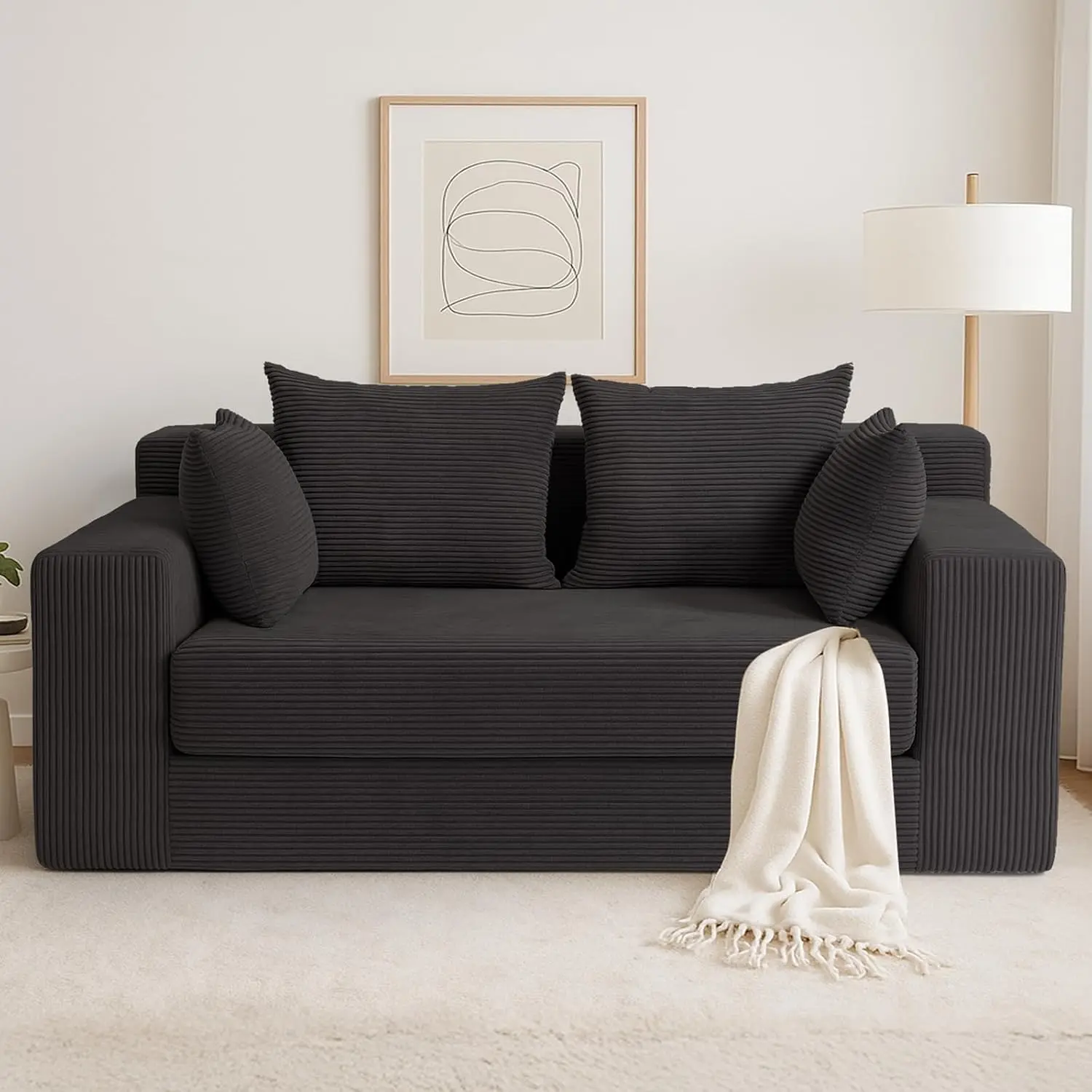 Winzoo Convertible 3 in 1 Loveseat Folding Couch Bed Floor Futon Sleeper & Foldable Boneless Couch , Corduroy Pull Out Sofa Bed with 4 Pillows for Living Room