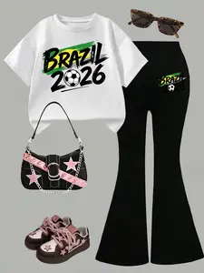 Kids' Casual Set, Brazil 2026 Soccer Print, Multiple Colors, Machine Washable, Spring & Summer, Soft Skin-Friendly, Daily Wear, Fashion Design