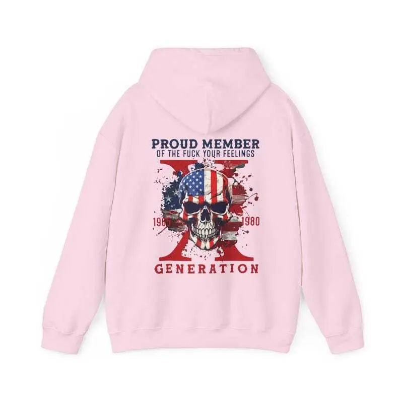 GenX Hoodie, Proud Member Fck Your Feelings Generation Sweatshirt, Gen-X Shirt, Trendy Front & Back Graphic, X-Generation Men's Casual Wear, Autumn Fit, Adjustable Drawstring, Kangaroo Pocket