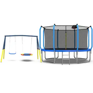 Mersco 14FT Trampoline with Enclosure Net,Swing Set, Outdoor Trampoline with Basketball Hoop for Kid,1320 LBS Trampoline with Swing Set for Backyard,Birthday & Holiday Gifts for Kids,Blue
