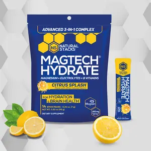 Natural Stacks MagTech Hydrate Drink Citrus Splash Flavor 14 Stick Packs 3 Chelated Magnesium B6 & B12 Advanced 3-in-1 Complex for Smart Hydration Healthcare No Sugar