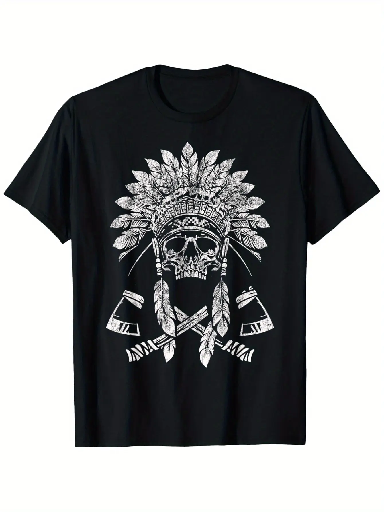 vintage indian native american skull with tomahawk axe T-Shirt  Cotton Round Neck T-shirt Halloween Thanksgiving Christmas Gift for Men Women Family Friends, Valentines Day Gifts for Boyfriend Girlfriend, S-XXXL