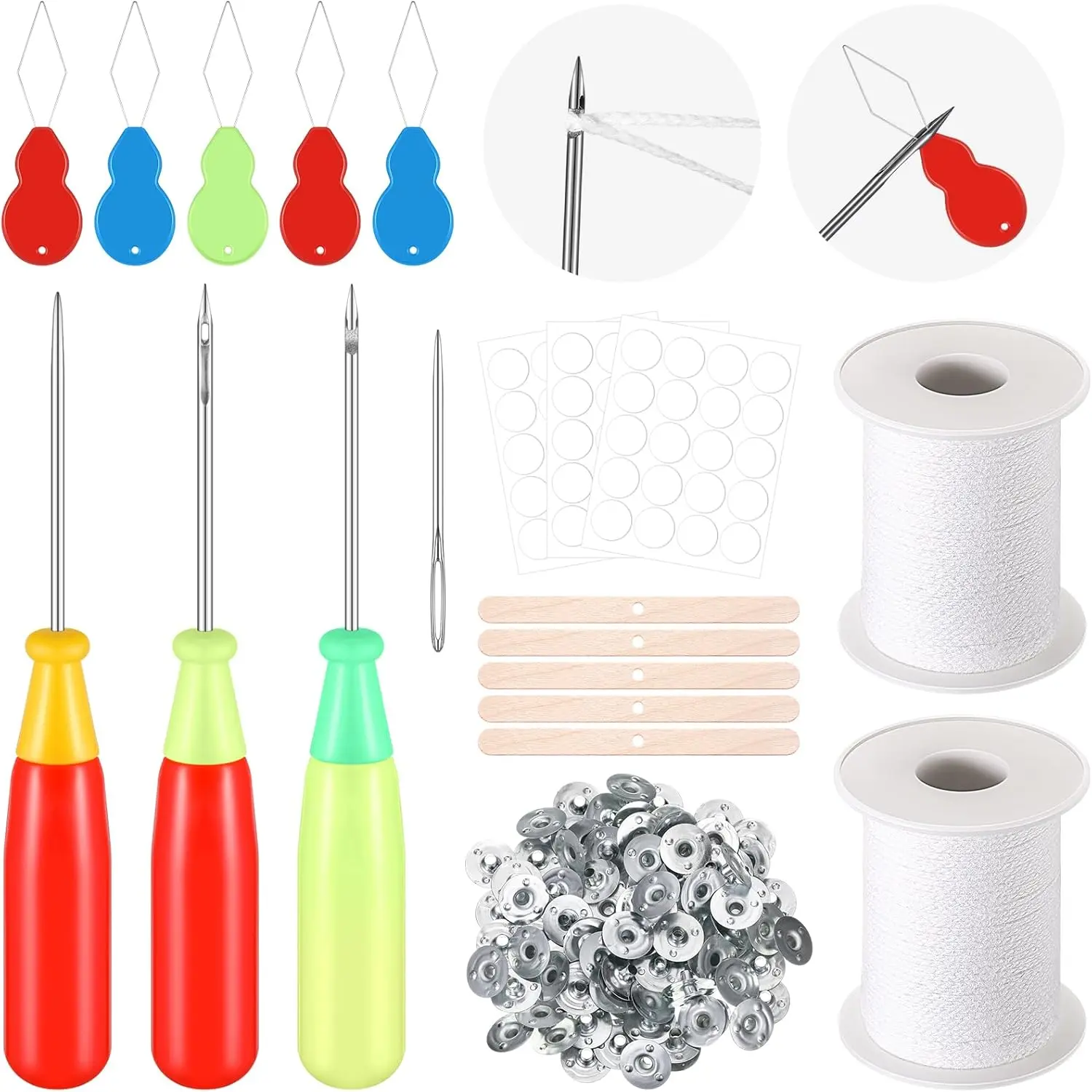 20 count Candle Wick  for  Molds, Mold Punch  with Hook & Eye, Candle Inserting Tool, Wick Holders, Thread, Stickers and Tabs