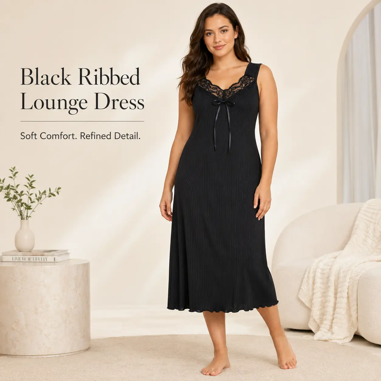 Women's Black Ribbed Knit Midi Nightgown, Sleeveless V-Neck Lace-Trim Sleep Dress with Bow Detail, S-XL