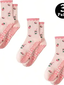 Women's Professional Yoga Socks, Anti-Slip Grip, Soft Breathable Mid-Calf Sports Socks, Cute Strawberry Cake Pattern Lace Edge, All Seasons