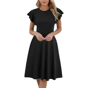 HELYO Women's Semi-Formal Ruffle Sleeves V-Back Work Fit and Flare Cocktail Wedding Guest Dress with Pockets 842