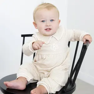 Tan Stripe Romper - Soft Knit Long Sleeve Outfit for Babies