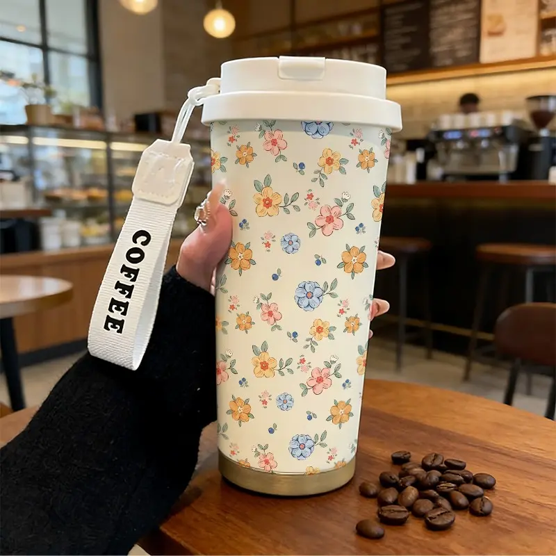 Cute Floral Pattern Insulated Cup 530ML, Coffee Thermal Cup, Stainless Steel Thermal Mug for Travel & Sports, Creative Gift for Home & Outdoor Activities, Drinkware