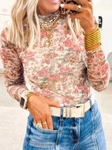 Floral Print Mesh Long Sleeve Top