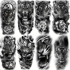 8Pcs Realistic Design Temporary Tiger Tattoo Stickers For Women And Adult Men, Half-Sleeve Tattoo, 3D Black Tiger, Compass And Flower Pattern Tattoo Stickers