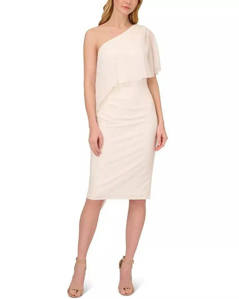 Adrianna Papell Women's One-Shoulder Cape-Over Dress, Ivory, 10, BN