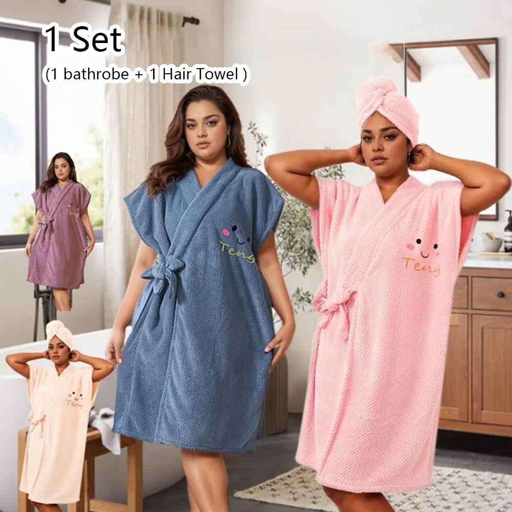 Women's Bathrobe, 2 Counts/set Matching Belted Wrap Lounge Robe and Hair Towel, Soft Water-Absorbent Quick-Drying Bathrobe, Comfortable for Home Bathroom Bathing