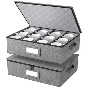 Mug Storage Box with Hard Shell and Dividers, Stackable China Storage Organizers for Moving, Holds 12 Coffee Mugs, Tea Cups, Glasses for Home Kitchen, 2 Pack Grey