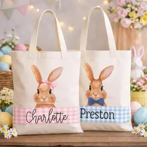 Personalized Easter Bunny Bag, Custom Kids Easter Tote, Vintage Canvas Easter Egg Hunt Basket, Easter Gift for Kid