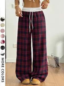 Women's Plaid Pattern Patchwork Comfortable Casual Elastic Waist Loose Fit Straight Leg Pants, Casual Daily Wear, Graduation Back-To-School, All Seasons