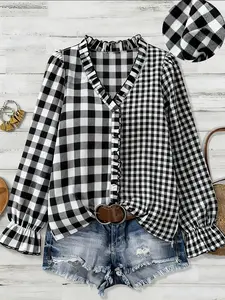 Elegant Casual Plaid Patchwork V-Neck Long Sleeve Shirt, Loose-Fitting Women's Blouse for Spring & Fall, Stylish Floral Trim Design