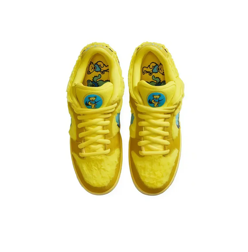 Vibrant Yellow Plush Low Top Sneakers, Fuzzy Fluffy Upper, Turquoise Blue Swoosh & Sole, Classic Dunk Style Street Footwear