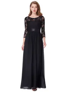 Ever-Pretty Vintage Black Lace Dress Flowy 3/4 Sleeve Evening Dress with Wide Ribbon Waistband & V-Shaped Back for Fall Weddings,fall wedding dress, 07412 Elegant Formal Dress