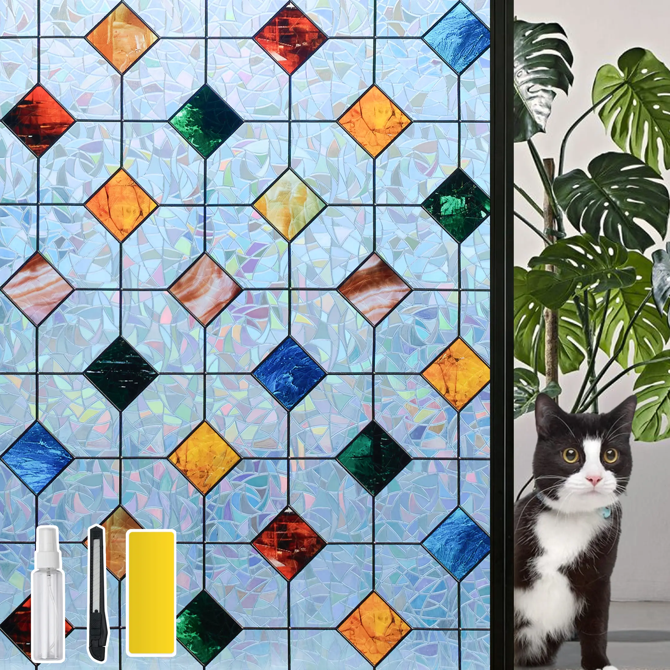 DKTIE 17.7in x 78.7in PVC Rainbow Agate Stone Lattice Grid Privacy Window Film - Anti-UV Blocker, Heat Blocking, Universal Electrostatic Cling, Easy-Install, Tool-Included PVC Film for Bathroom Room Decor, Indoor/Outdoor Home Supplies, Bedroom