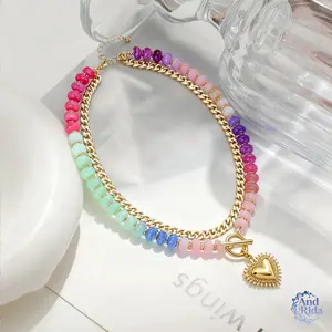 Dopamine Ethnic-Style Collarbone Chain - Stackable Heart Pendant Jewelry, Including Bead, Colored Resin, Multicolored Gemstone, Assorted, Candy Beads Necklaces for Stylish Wear, Bead Necklaces