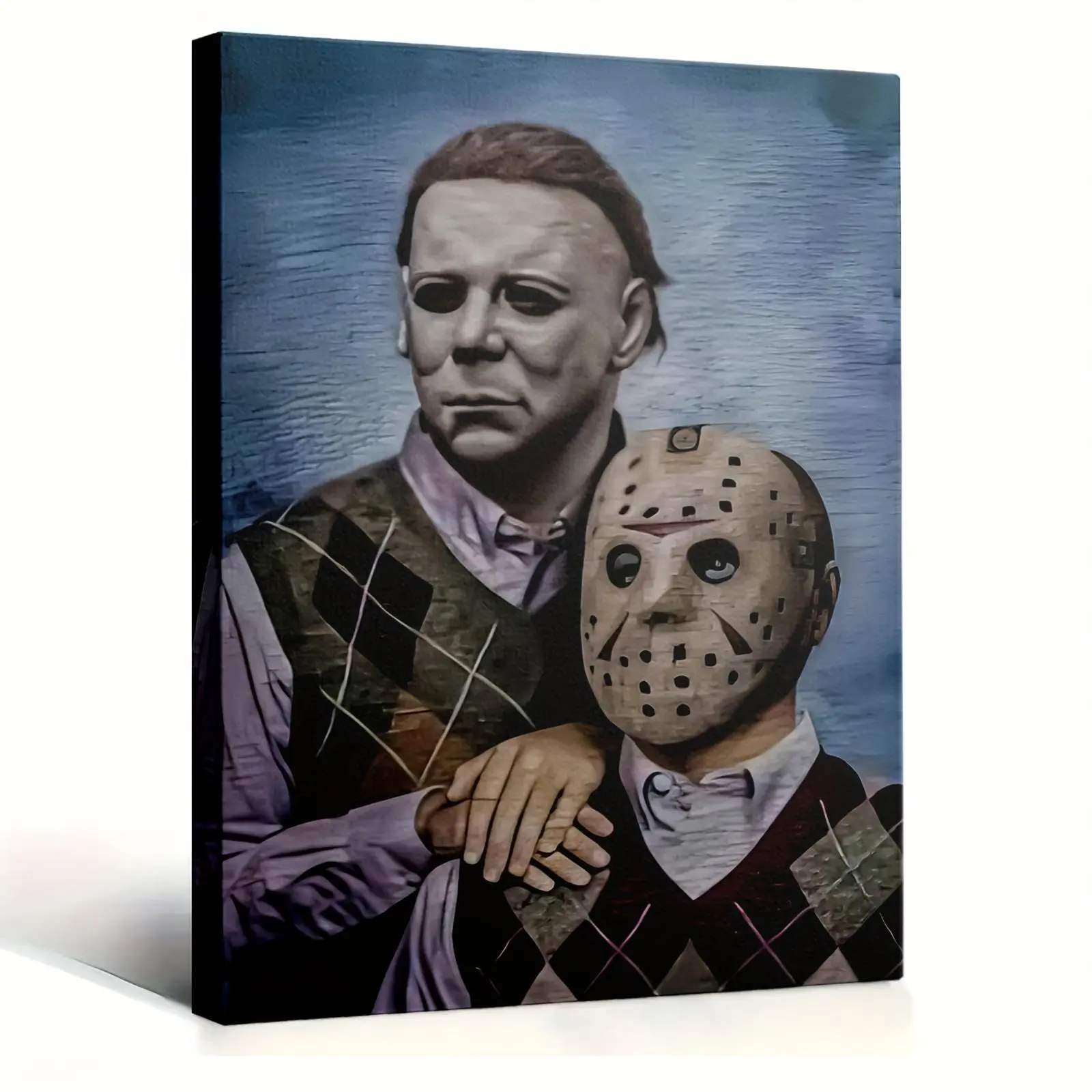 1pc Framed 2D Flat Canvas Print - Michael Myers & Jason Voorhees Horror Movie Icons, Home Decor Wall Art for Living Room, Man Cave, Office Decoration