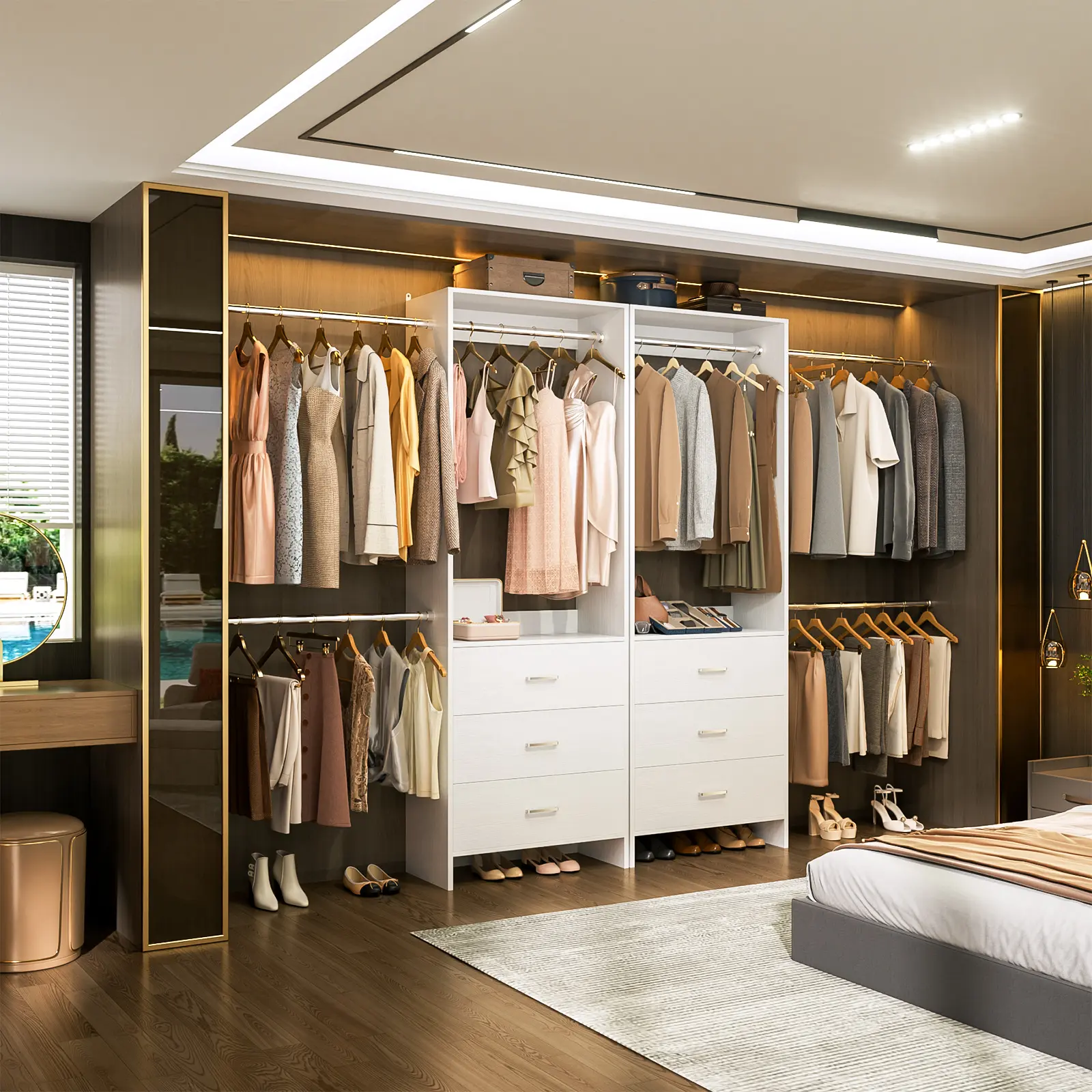 Cyclysio Closet Rack Wardrobe 2-Piece Expandable Steel Frame Racks - 100"-140" Wide Stable Adaptive Armoire, Hanging Rods, Light Wood Drawers, Easy Access, Customized Layout, Assembly Required, Large Storage Cabinet, Easy Setup, Storage Closet Cabinet