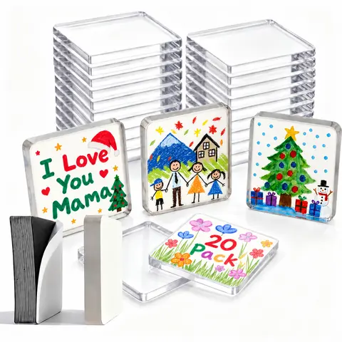 Magnetic Photo Frames 2"x2" Clear Acrylic DIY Fridge Magnets with Adhesive Backing, Christmas Stocking Stuffers & Holiday Keepsake Craft Kit for Family Memory Display, Kitchen,Christmas Decor