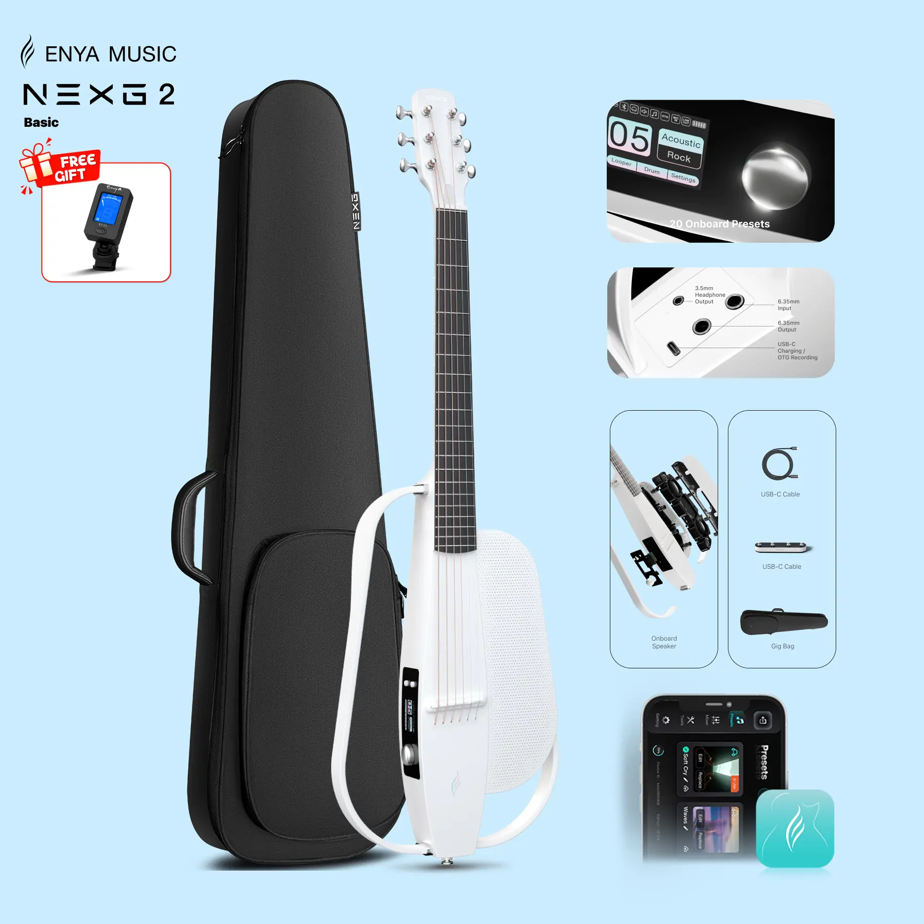 【Music, Evolved.】Enya NEXG 2/Basic Acoustic-Electric Guitar Carbon Fiber Travel Smart Audio Guitar with 50W Wireless Speaker, Wireless Microphone, Hi-Fi Monitor Earphones, Footswitch, Charging Stand, and Gigbag  Christmas Gift, TikTokShopHolidayHaul