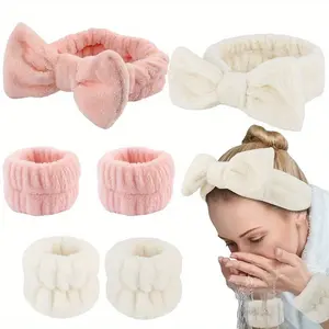 3 Pcs Spa Headband And Wristband Set Super Cute Soft Skincare Headband For Women Girls Elastic Bow SPA Headbands With Highly Absorbent Wristbands For Washing Face Shower Make Up