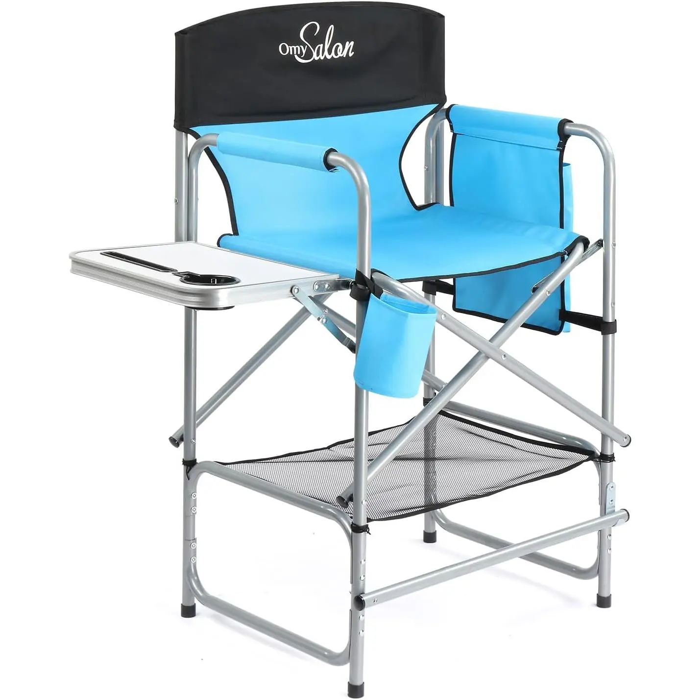 OmySalon Sturdy Extra Tall Director Fold & Go Portable Foldable Indoor Chair - 600D Fabric, Durable Heavy-Duty Steel Frame, 300lb Capacity, Wider Seat, Padded Arms, Foldable Footrest, Side Table, Mesh Bottom & Accessory Pockets for Makeup Artists