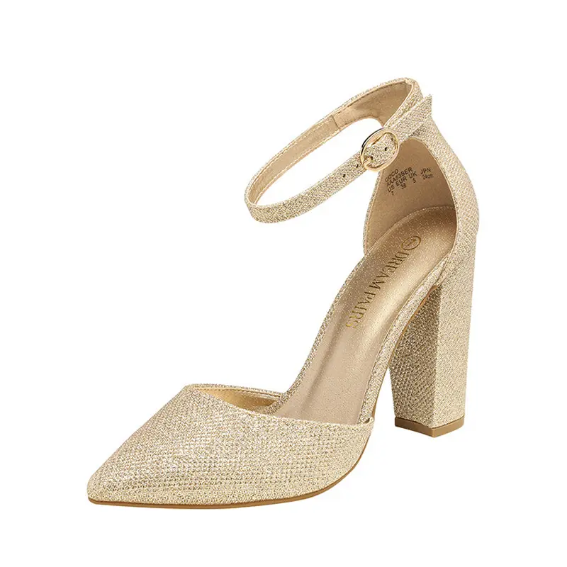 DREAM PAIRS Women's Classy Elegant Stylish Gold Glitter Sparkly Pumps - Pointed Toe, Chunky Heel, Buckle-Closure Luxury Statement Heels for Women, Summer Wear