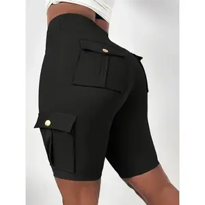 Women's Solid Color Pocket Design Athletic Yoga Cargo shorts For Exercise & Fitness, High-Wais Sports Cargo shorts casual high waist short comfy elastic waist short curvy  denim mid-thigh length