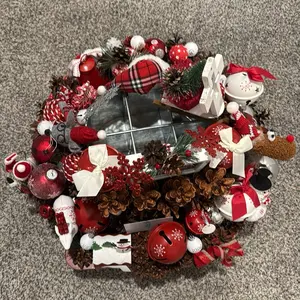 Christmas Arrangement on Spinner with Festive Red Ornaments Pinecones and Plaid Accents for Holiday Decor