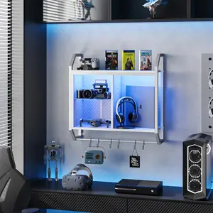 Pinmoco 25" LED Gaming Floating Shelves for Wall, Wall Mounted Shelf Pipe Adjustable Glass Shelves, Hanging Display Rack with 6 S-Hooks Towel Bar, Gaming Room Decor Shelf