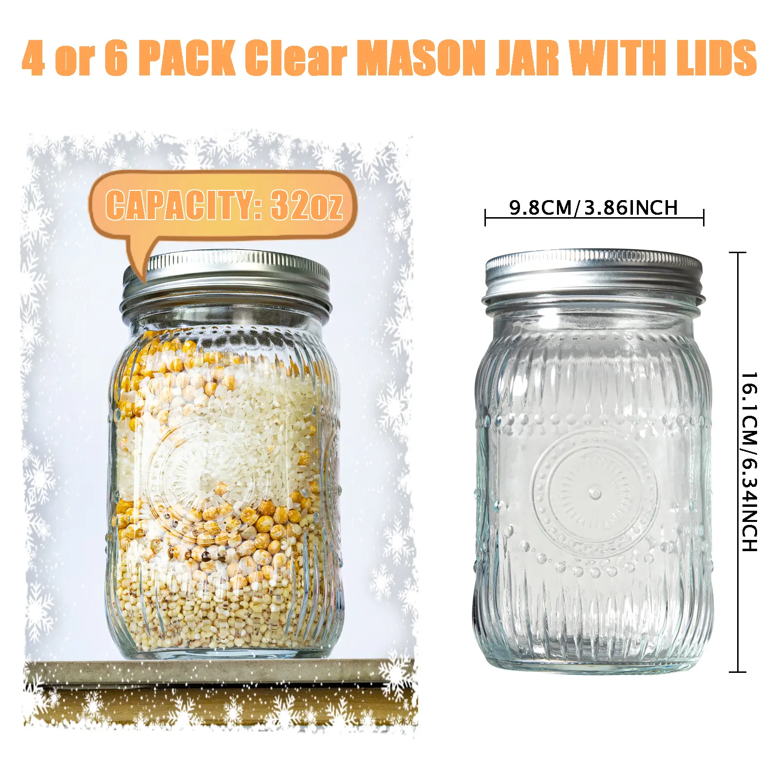 4/6 Pack 32 oz Sunflower Print Clear/ Blue/ Green/ Pink Wide Mouth Mason Jars for Preserving,Jam,Honey for Storing All kinds of Food Produce Storage Containers Glass Kitchen Canisters