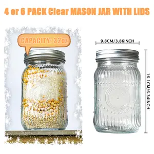 4/6 Pack 32 oz Sunflower Print Clear/ Blue/ Green/ Pink Wide Mouth Mason Jars for Preserving,Jam,Honey for Storing All kinds of Food Produce Storage Containers Glass Kitchen Canisters