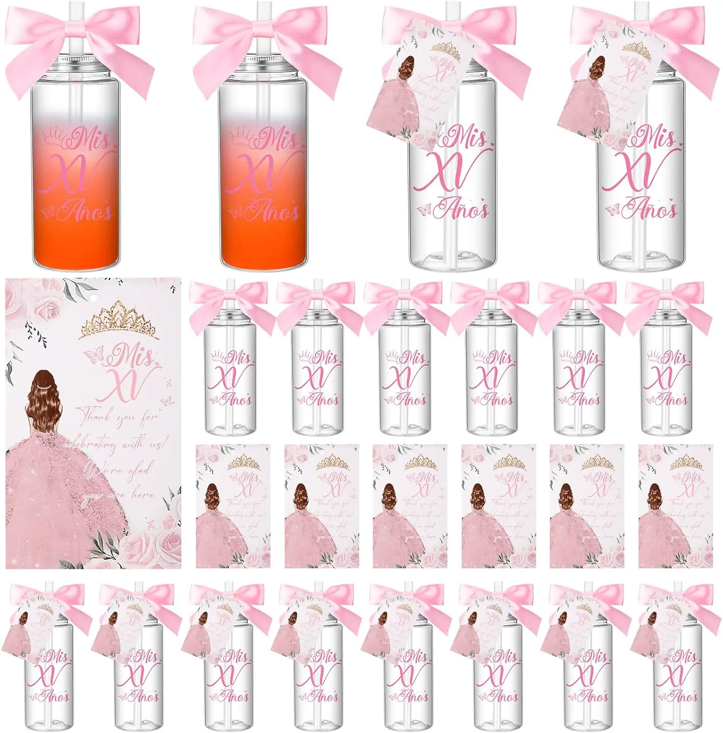 25 Sets Quinceanera Favors for Guests 14 oz Quinceanera Reusable Cup with Lids and Thank You Cards with Ribbon Bow Anos Birthday Favors(Pink)