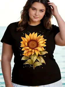 Women's Plus Size Sunflower Round Neck T-Shirt, Fashionable Comfort, Everyday All Day Wear, Casual Fitted Design, All over Print