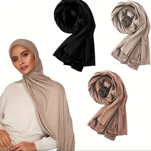[Polyester Jersey Hijab Set] 3pcs Women's Polyester Jersey Hijab Set - Simple Style Knitted Headscarf, Elastic & Decorative - Casual Weekend Wear