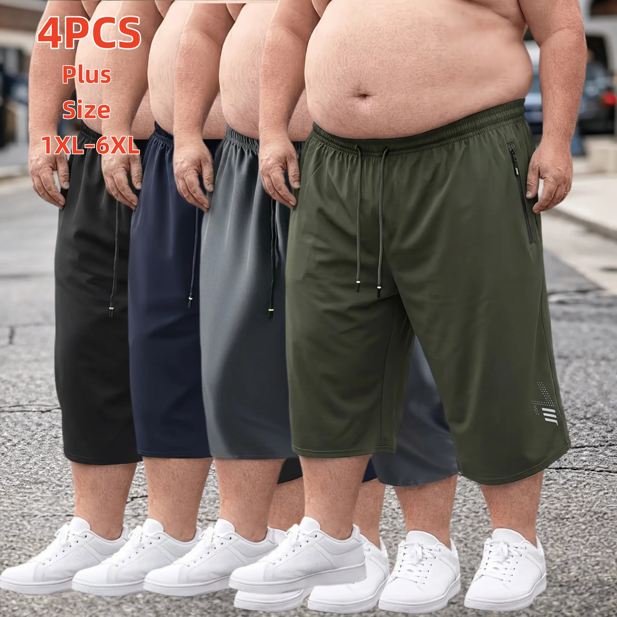 4-Pack Plus Size Men Quick Dry 7/8 Athletic Capri Shorts Elastic Drawstring Waist Zipper Pocket Loose Oversize Workout Cropped Pants 1XL-6XL male capri pants