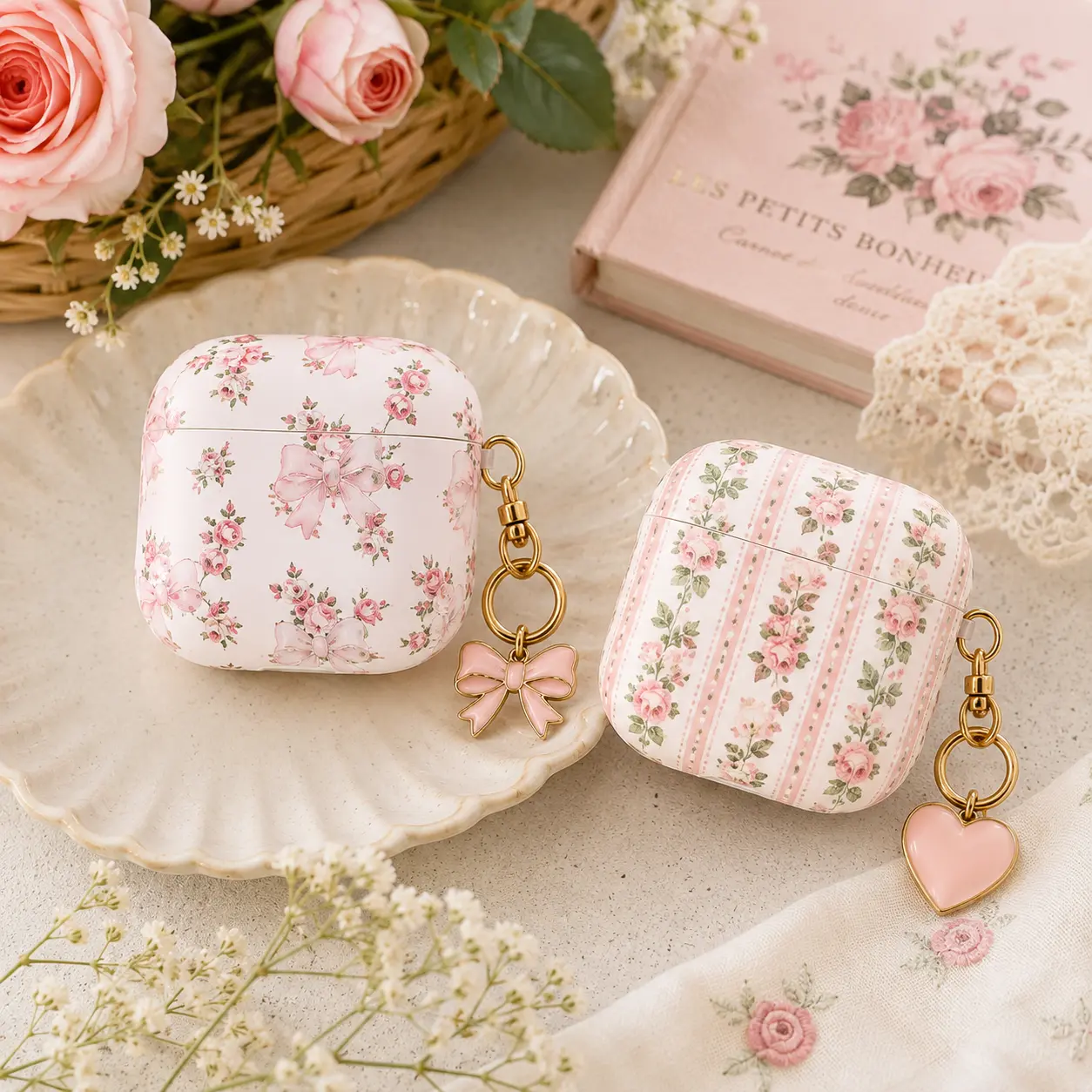NO KEYCHAIN INCLUDED – Coquette Floral AirPods 4 Case, Pink Rose Bow Earbud Cover, Vintage Cottagecore Flower Pattern Case, Cute Feminine Gift
