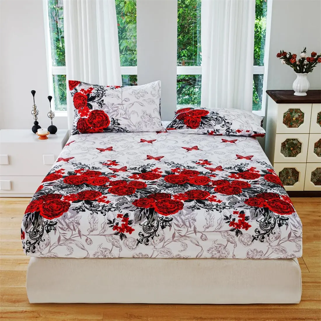 Marble Printed Brushed Fitted Bed Sheets, 3-Piece Bedding Set with Soft Ditsy Floral Print, Wrinkle-Resistant Flat Weave, Deep Pockets, Multi-Size Options for Bedroom, Guest Room, Three Pieces