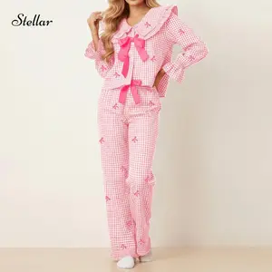 Womens Valentine's Day Bow Tie Front Plaid Pajamas Set Long Sleeve Shirt And Pants 2 Piece Gingham Pjs Set Loungewear