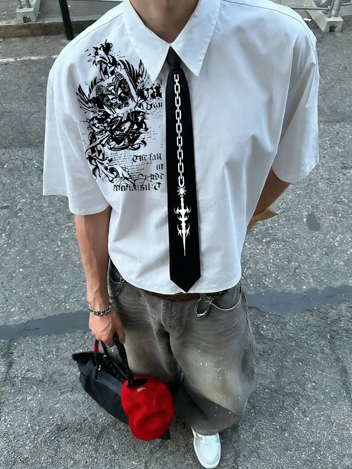 Men's Casual Short Sleeve Shirt, Menswear, Top, Unisex Fit, Gothic Totem Graphic Print, Detachable Tie, Comfortable Fabric, All Seasons, Street Style, Versatile