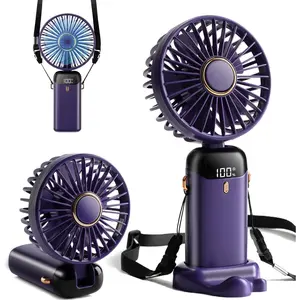 Mini Handheld Fan - 4000mAh Type-C Rechargeable, 5 Speed Adjustable, 90° Foldable & 3-in-1 (Handheld/Neck/Desk) - Digital Display, Portable Small Fan for Women, Makeup, Travel, Office (Purple)
