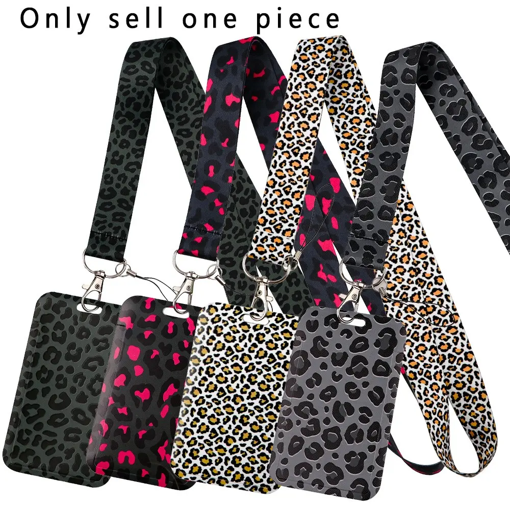 Black Gray Leopard Print Lanyard for Keys Chain USB ID Credit Card Cover Pass Mobile Phone Charm Women Neck Straps Badge Holder Key Ring Accessories Phone Decoration Phone Chains Phone Leash
